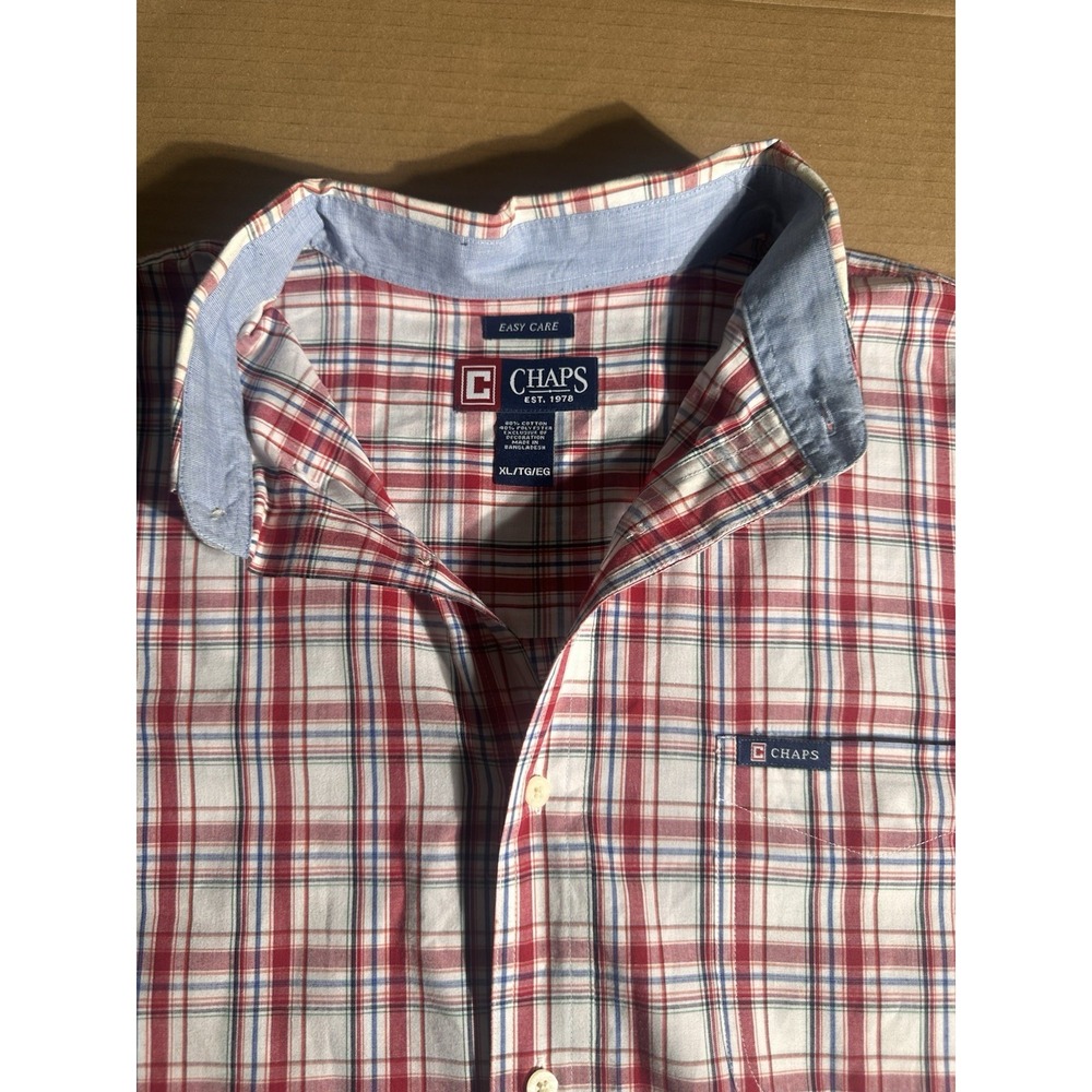 Chaps Mens Shirt Large Blue Plaid Button Down Short‎ Sleeve Dress Easy Care